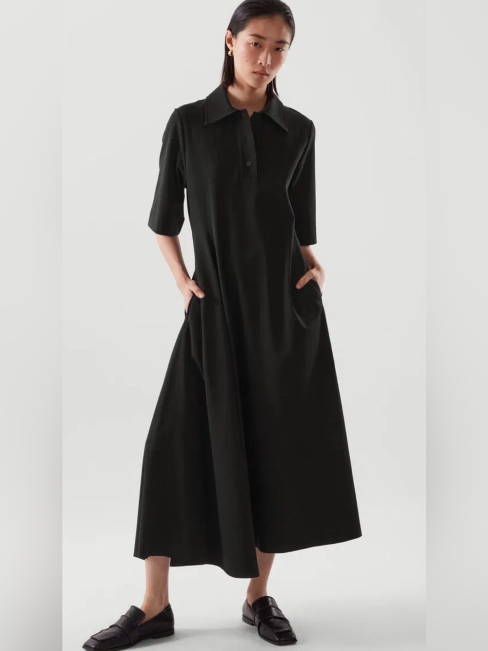 COS Black Asymmetric Polo Shirt Dress Flared Jersey Midi Large L